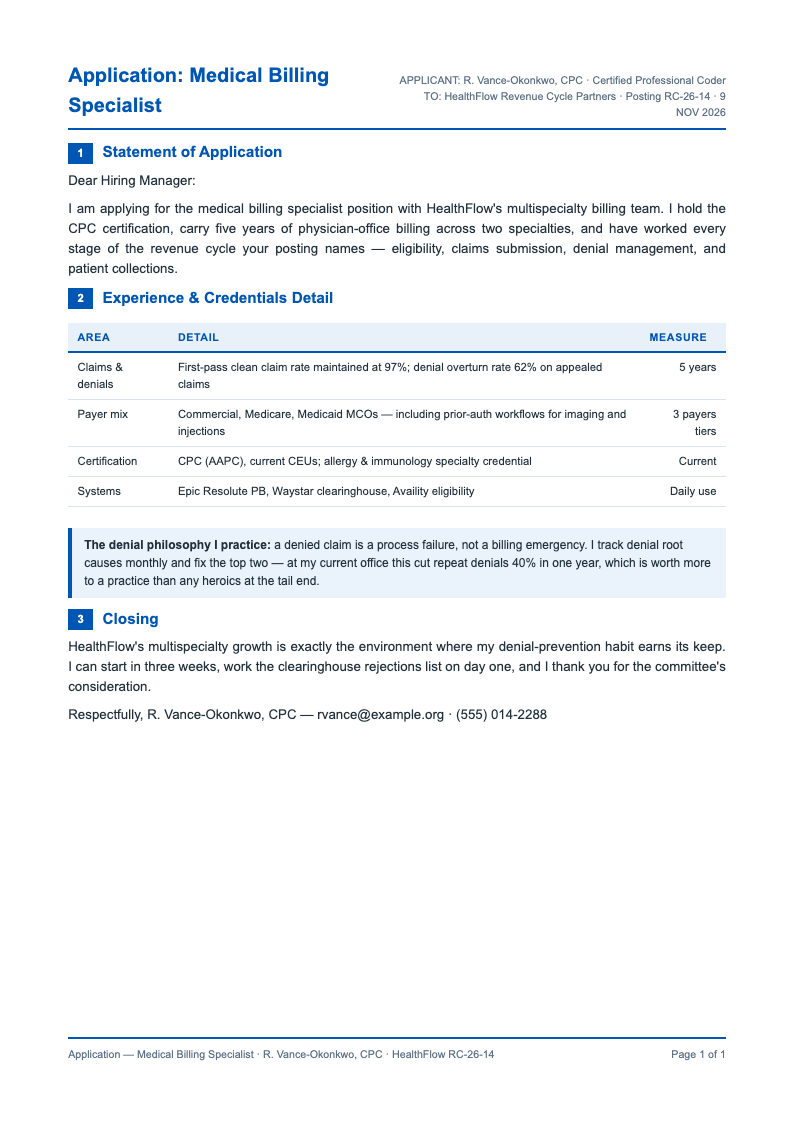 Medical bill insurance application letter